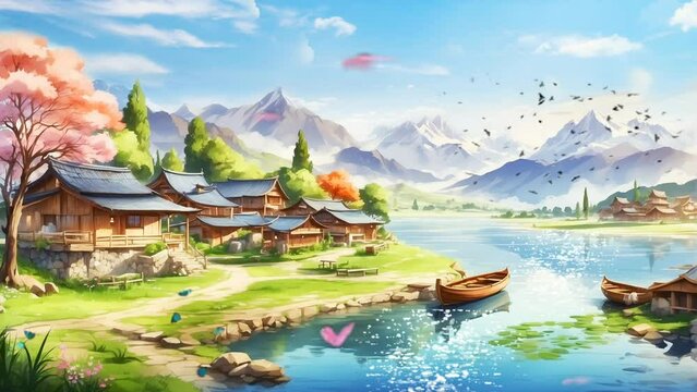 landscape of beautiful village with lake, mountains and wooden boat. Cartoon or anime watercolor digital painting illustration style. seamless looping 4k video animation background.