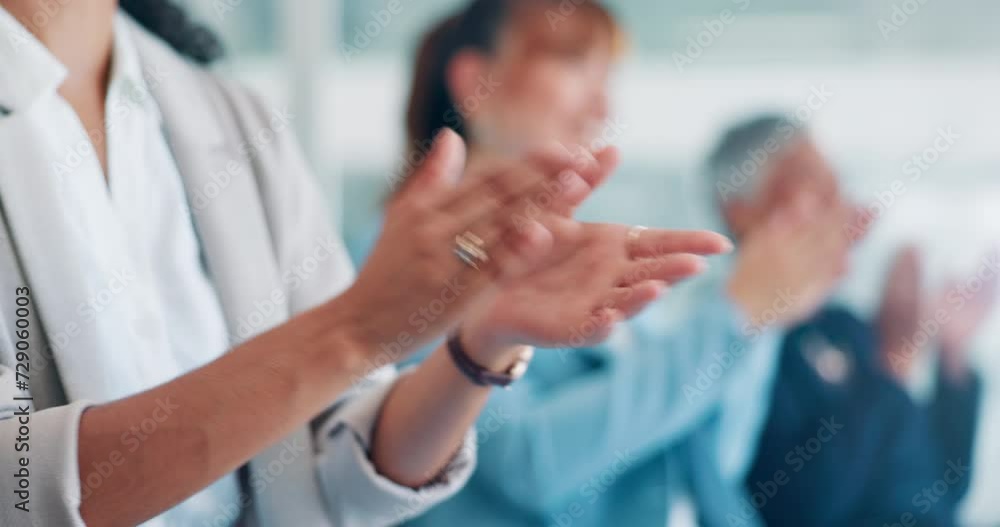 Wall mural Business people, applause and seminar or conference, meeting and motivation for presentation. Audience, clapping and crowd for support at convention, cheering and positive community or employees