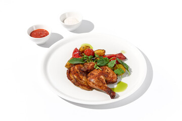 Grilled chicken tabaka with roasted potatoes and sauces, served on an isolated white background, perfect for restaurant menus