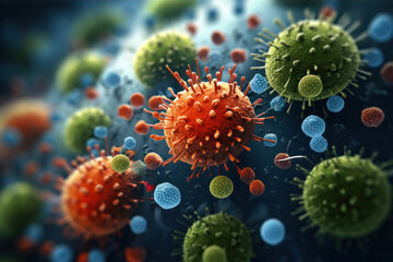 Microscope macro view of a virus, bacteria and cells of an biological organism, close up, macro world, AI
