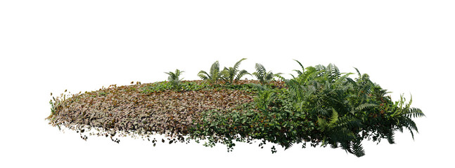 round surface patch covered with flowers, green leaf rock fern or dry grass isolated on white...