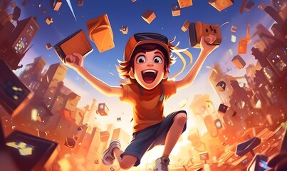 A kid as ecommerce jump happy illustration
