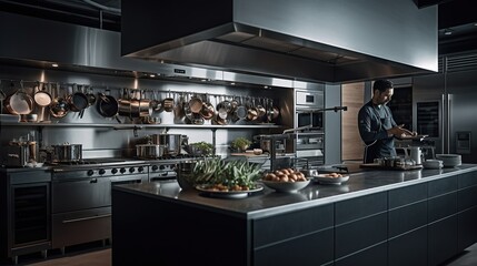 A modern kitchen with sleek design featuring a chef