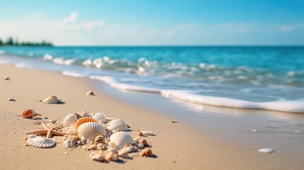 Fototapeta na wymiar Sea shells on the sandy beach. Summer vacation concept.