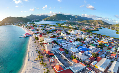 The Caribbean island of St Maarten. St Martin cityscape. Scenic aerial view of the Caribbean. ...