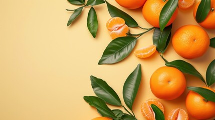Fresh mandarin orange fruit with green leaf. Flat Lay
