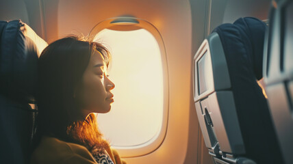 woman sitting in a seat in airplane and looking out the window going on a trip vacation travel...
