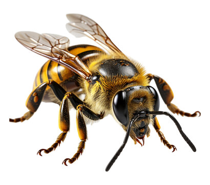 close up portrait of bee insect with cutout design isolated on transparent background, generative eai