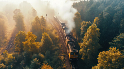 Cargo Train  summer morning forest fog sunrise Aerial view - obrazy, fototapety, plakaty