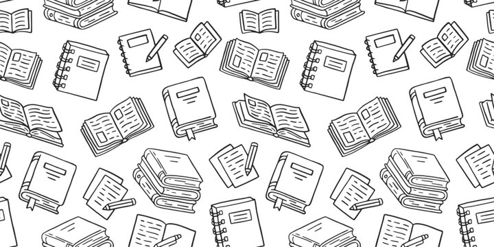 Books seamless pattern with doodle illustration. Literature education, library literature, open novel, dictionary, notes with pen, textbook line background hand drawn elements