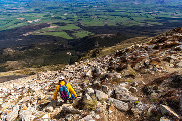 hiker girl walking down the steep trail from the top of mount somers in canterbury, new zealand south island