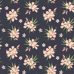 Oleander watercolor seamless pattern with tropical flowers and leaves on dark blue background in peach pink pastel colors
