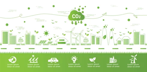 Foto op Canvas The concept of reduce co2 emission using clean energy and reduce climate change problem with flat icon vector illustration. Green environment templet infographic design for web banner. © Deemerwha