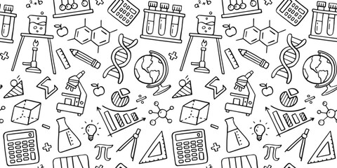Education doodle seamless pattern. Science line hand drawn elements - mathematics formula, chemistry molecule, dna, graph, scientific experiment vector repeated background