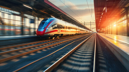 High speed train motion  railway station sunset. Fast moving modern passenger train railway platform Railroad motion blur effect - obrazy, fototapety, plakaty
