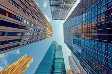 Fototapeta na wymiar Financial district modern buildings up view