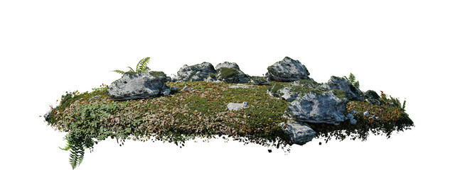 round surface patch covered with flowers, green leaf rock fern or dry grass isolated on white...