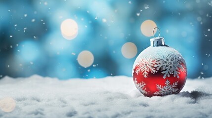 Christmas background with blue and red baubles on bokeh background