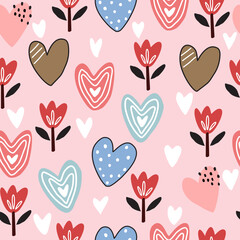 Seamless pattern tulips flower, leaves and hearts on pink background. Template for love and Valentine's day. Vector for fashion design, fabric, card, textile, wallpaper, paper.