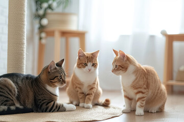 Group of tabby cat sitting in the room - obrazy, fototapety, plakaty