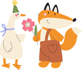 Fox Congratulate Goose With Flower