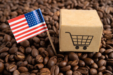 USA America flag with shopping cart on coffee bean, import export trade online commerce.
