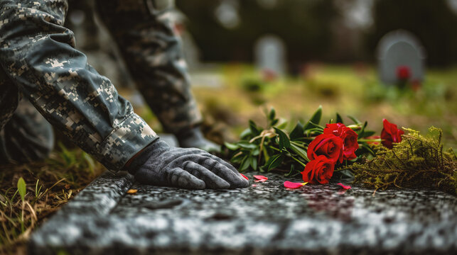 Cemetery with red roses and soldier's hands. Selective focus.