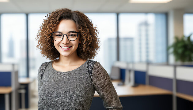 Young beautiful woman with curly hair and piercing wearing striped shirt and glasses happy face smiling with crossed arms looking at the camera. Positive person.