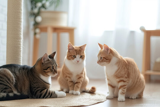 Group of tabby cat sitting in the room