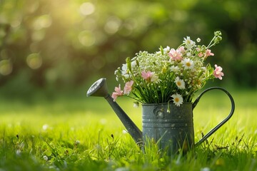 Watering can with a bouquet of spring flowers in it standing in fresh green grass on a blurred...