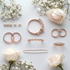 Wedding accessories on white background. Flat Lay