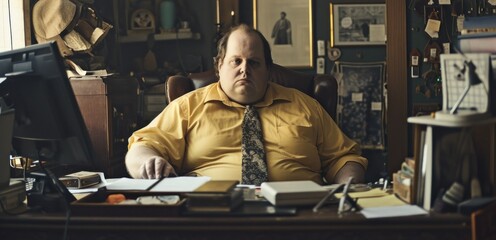Naklejka premium Oversize fat caucasian white man sitting in the working table