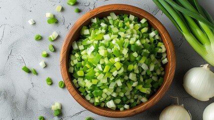 Finely chopped fresh scallions are elegantly arranged on a clean white background. This composition emphasizes the green stems and white heads of the onions. and appetizing