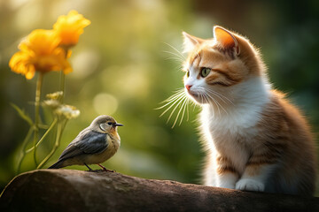 A cat and a bird sit and look at each other.