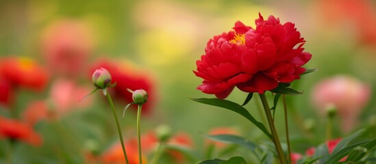 Gorgeous sight of a red peony in a Paeoniaceae meadow garden.