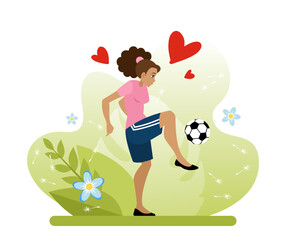 A girl is minting a soccer ball. Football is like a lifestyle. An active type of outdoor recreation in the park. Flat vector illustration in cartoon style