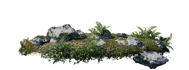 round surface patch covered with flowers, green leaf rock fern or dry grass isolated on white...