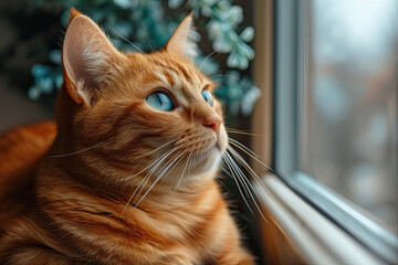 Cute ginger cat lying on the windowsill