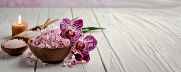 Pink spa sea salt, aroma candle and purple orchid on white wooden background. Banner, Spa cosmetic and beauty treatment concept. copy space.