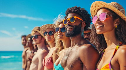 Group of young adults friends of diverse ethnicities enjoying a day at the beach , summer diversity concept image