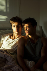 Portrait of a young gay men couple in bedroom in intimate moment