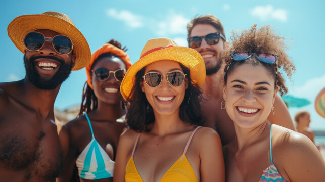 Group of young adults friends of diverse ethnicities enjoying a day at the beach , summer diversity concept image