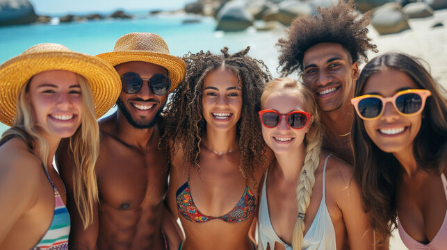 Group of young adults friends of diverse ethnicities enjoying a day at the beach , summer diversity concept image