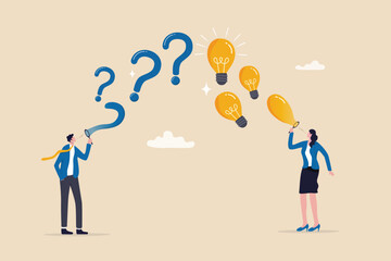 Question and answer, FAQ frequently asked questions, asking and reply to solve problem, help information, solution or q and a session concept, business people with question mark and lightbulb bubble. - obrazy, fototapety, plakaty
