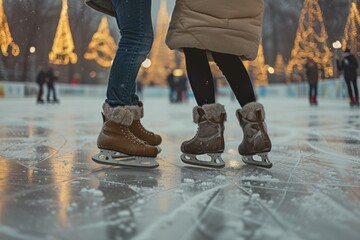 Couple ice skating on rink photographed closely