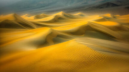 Fototapeta na wymiar Serene Desert Dunes, Warm Sunset Over Sandy Landscape, Tranquil Nature and Adventure Concept