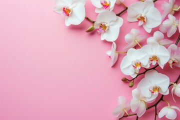 Frame made of beautiful orchids on pink background, with space for text, concept of Valentine Day,...