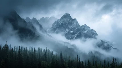 Foto op Canvas Grayscale Mountain Range Showing Limitless Peaks and Alps Covered in a Moody Fog - Cinematic Color Grading Showcasing Emotionality of Nature and the Outdoors - Cold and Snowy Mountaintops © AnArtificialWonder