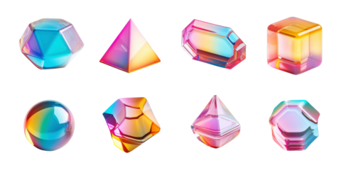 Set of holographic abstract shapes isolated on transparent background.