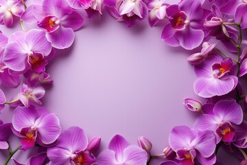 Frame made of beautiful orchids on lavender background, with space for text, concept of Valentine Day, Mother Day, Women Day